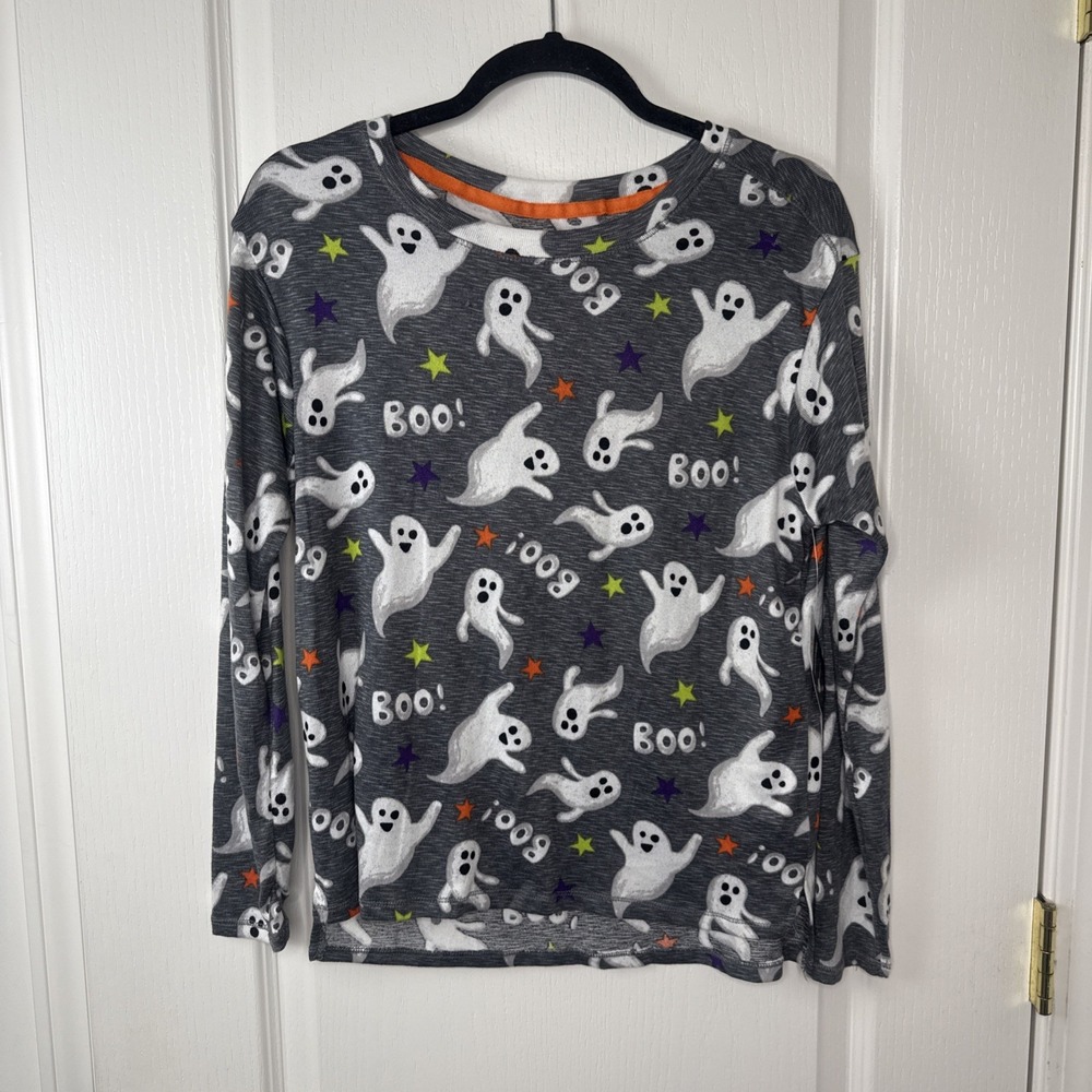 NWT Womens Small Halloween Ghost Pajama Top Boo Gray Orange Stars Sleepwear